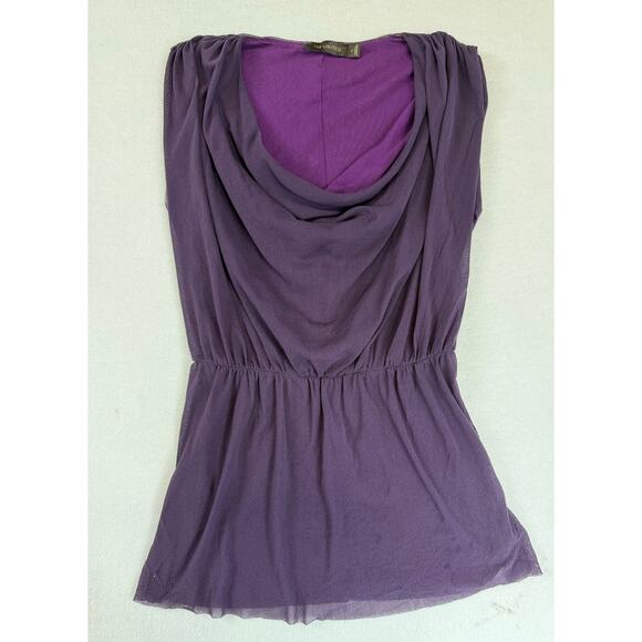 Limited Y2K Mesh Cap Sleeve Top Purple Drape Neck Sheer Stretch Blouse festival - Picture 4 of 10